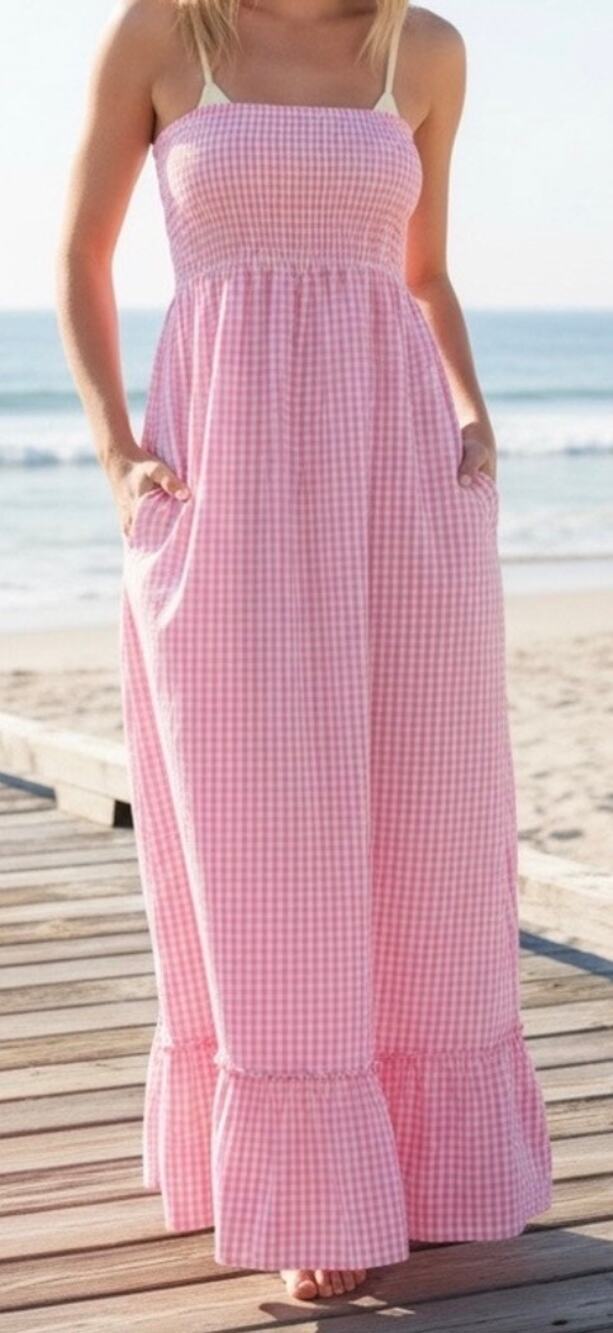 Raviya Pink Gingham Strapless Cover Up Maxi Dress L NWT - Picture 1 of 7